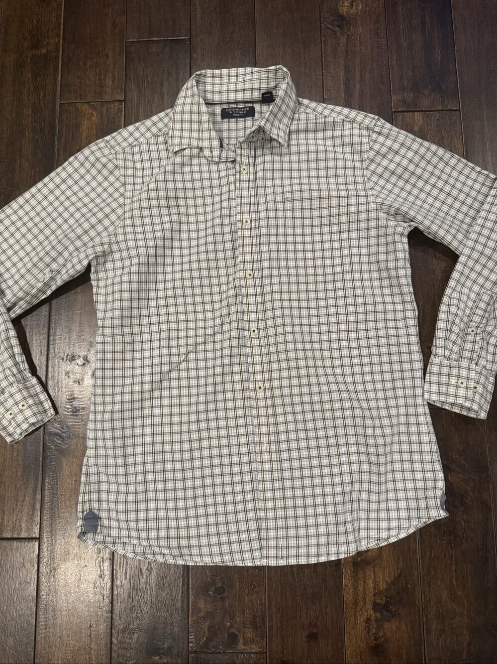 Men’s Roundtree & Yorke Trim Fit Plaid Button-Down Shirt – White Blue Yellow – L